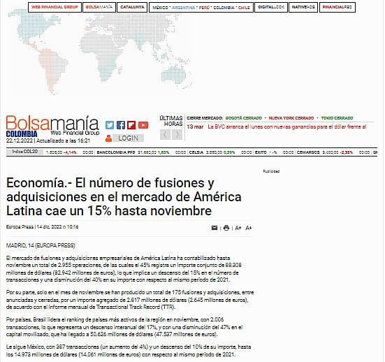 Economa.- El nmero de fusiones y adquisiciones en el mercado de Amrica Latina cae un 15% hasta noviembre